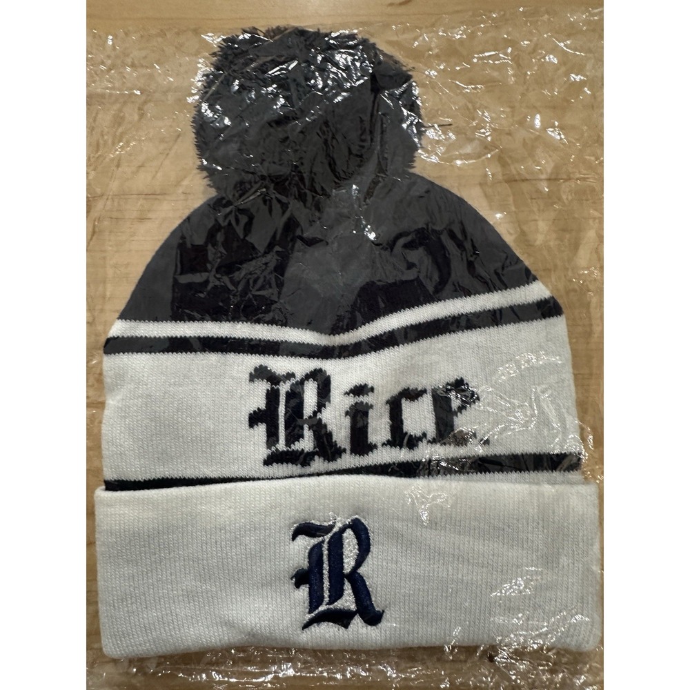 NCAA Rice University Owls Beanie Toboggan Winter Hat Blue White Cream Puff Pom